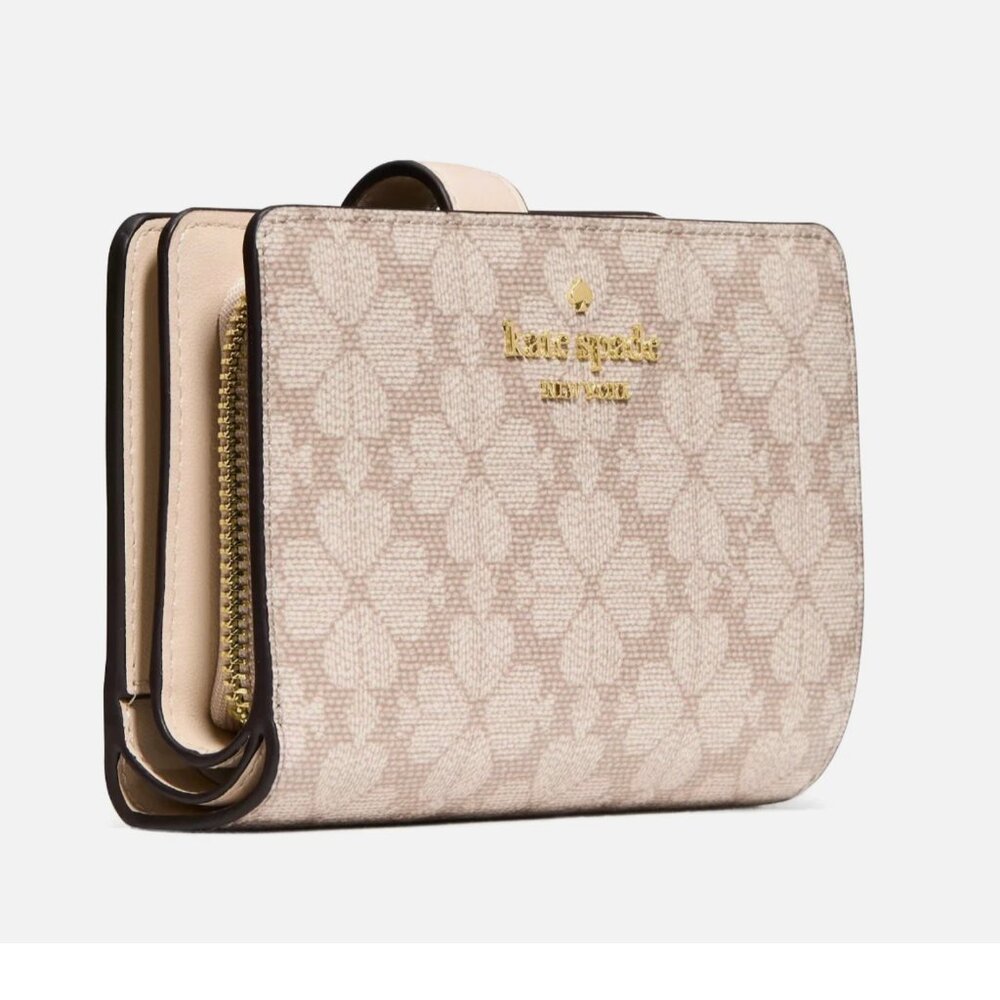 New Kate Spade Signature Spade Flower Medium Compact Bifold Wallet Dark Beige